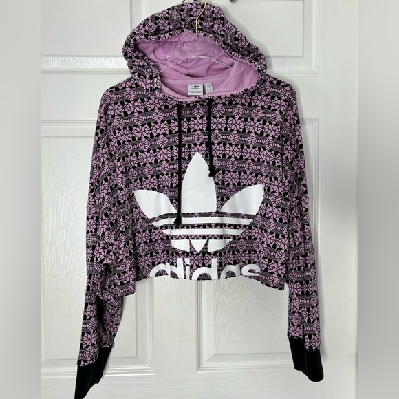 adidas Sweaters - Adidas Trefoil Purple Black Printed Logo Cropped Hoodie Hooded Sweater